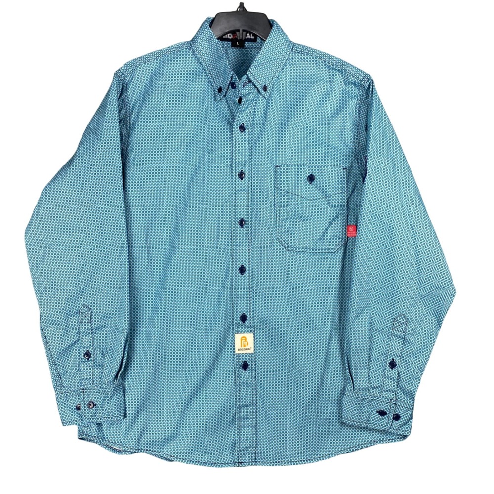 Bocomal Mens FR Shirt Flame Resistant NFPA 2112 CAT 2 Blue Print Work Shirt L